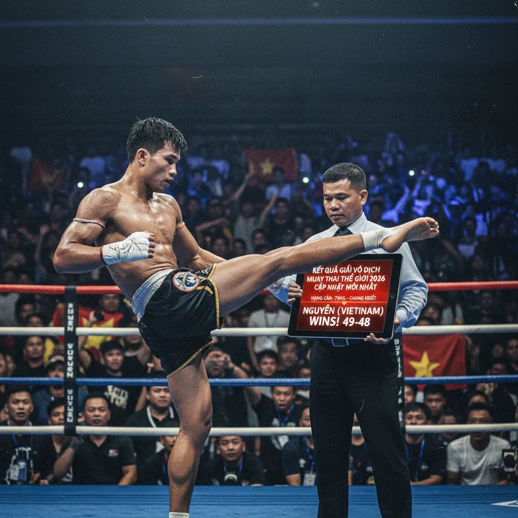 Hai võ sĩ Muay Thai đang thi đấu quyết liệt trên sàn đấu.